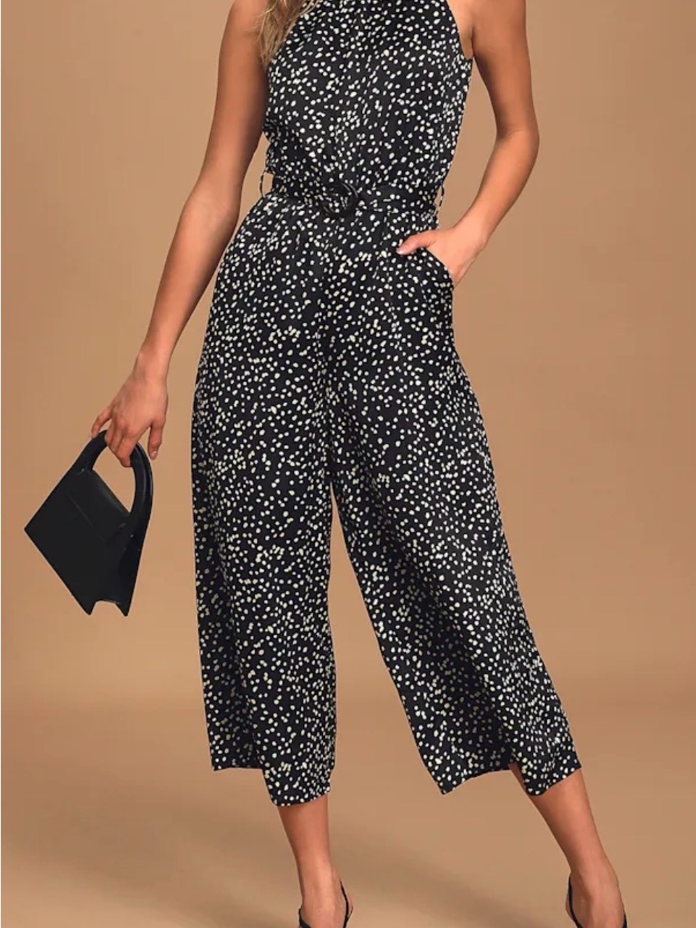 Halter Polka Dot Wide-Leg Jumpsuit in Black